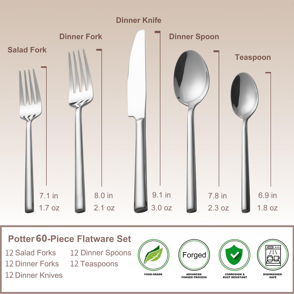 Potter 60-Piece Forged Silverware Set Stainless Steel Flatware Set Cutlery Set, Service for 12, Mirror Finish