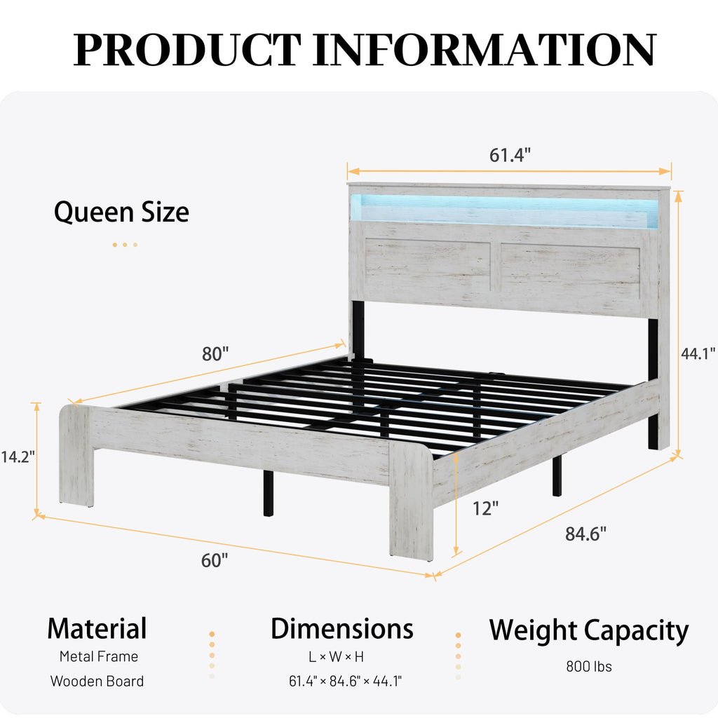 Wooden Bed Frame with Headboard, Rustic Platform Bed Frame