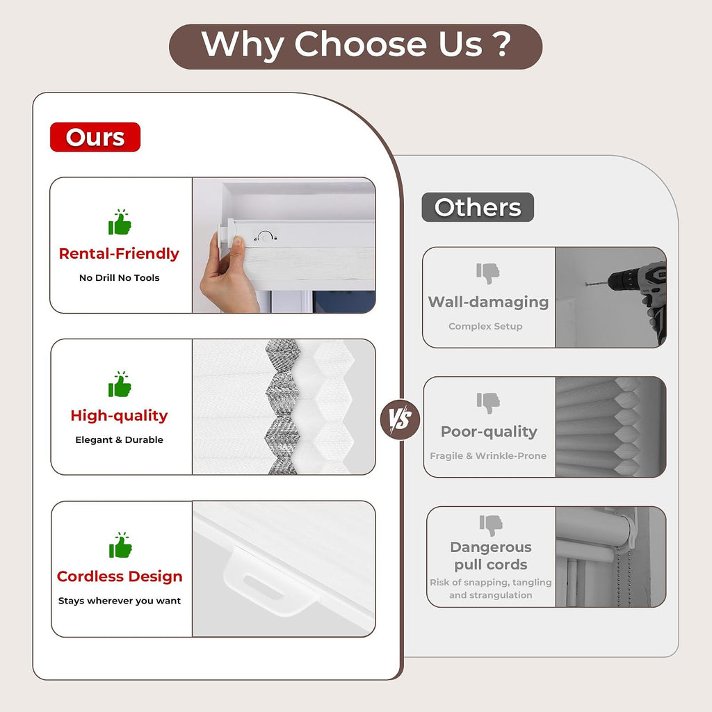 No Drill Blinds for Windows Blackout Cordless Cellular Shades Honeycomb Blinds Pull Down, Free Stop Easy Install