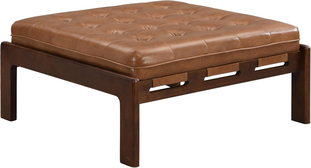 34'' Tufted Upholstered Cocktail Ottoman, Square Leather Ottoman Coffee Table, PU Leather Ottoman ,Brown