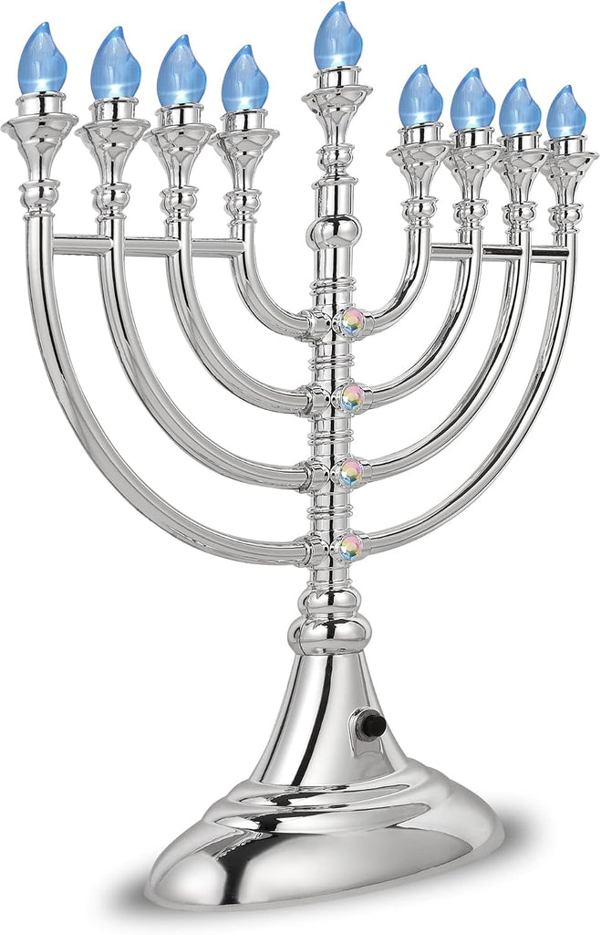 Traditional LED 13" Metallic Silver Battery or USB Powered Chanukiah with 4' USB Cable Electronic Chanukah Minorah