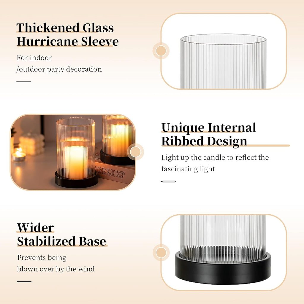 Hurricane Candle Holder 2Pcs Black Candle Tray with Glass Cylinder | 3.94''x5.71'' Ribbed Open-End Sleeve, Fit 4''
