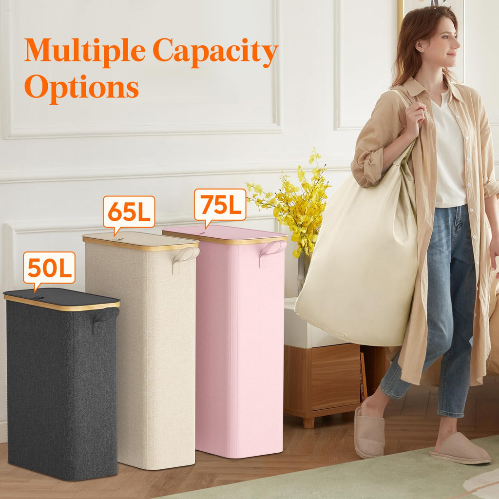 65L Slim Laundry Hamper with Lid and Removable Bag, Dark Gray