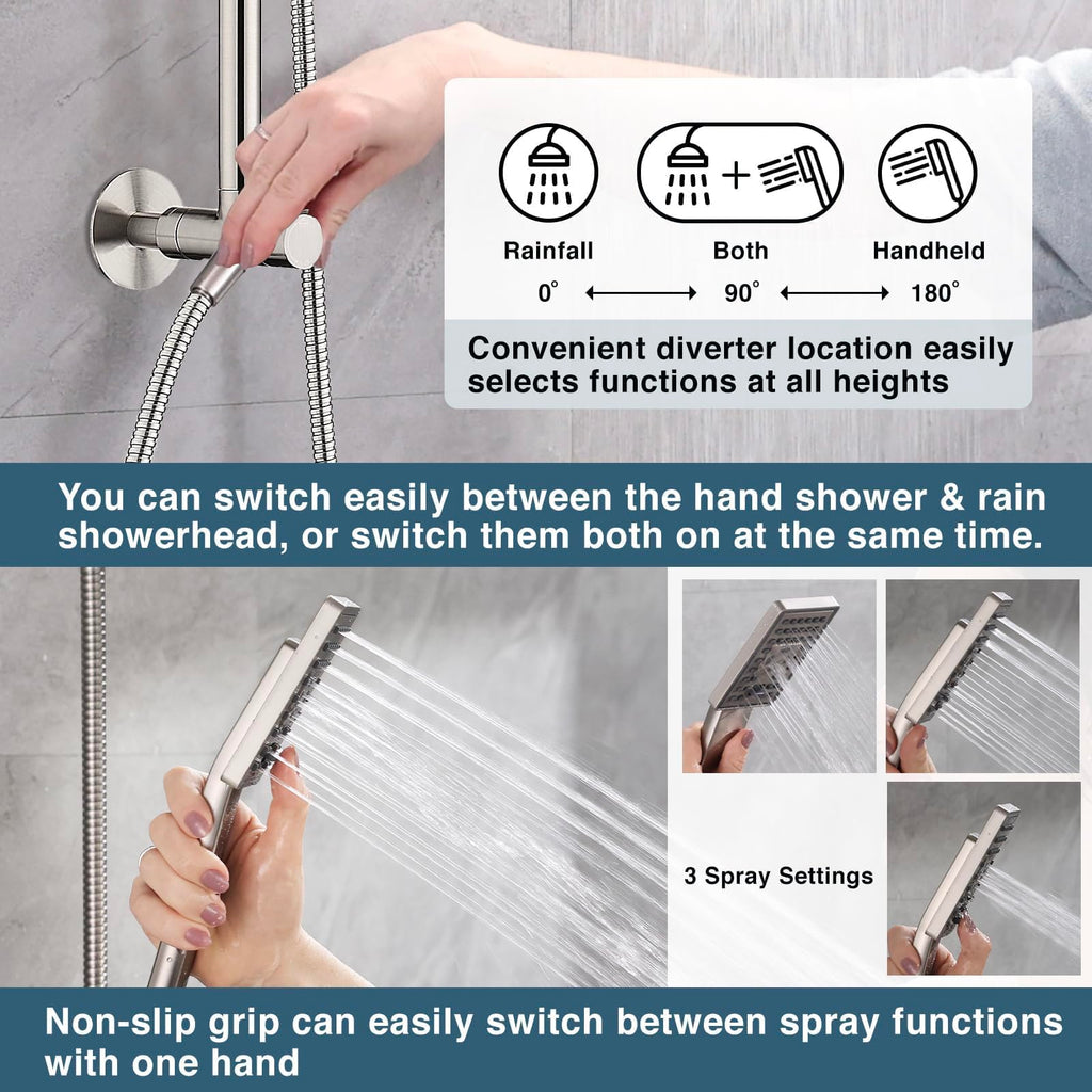 Rain Shower Heads System, Rainfall Shower Head with Handheld Spray Combo Includes Solid Brass Slide Bar, Height