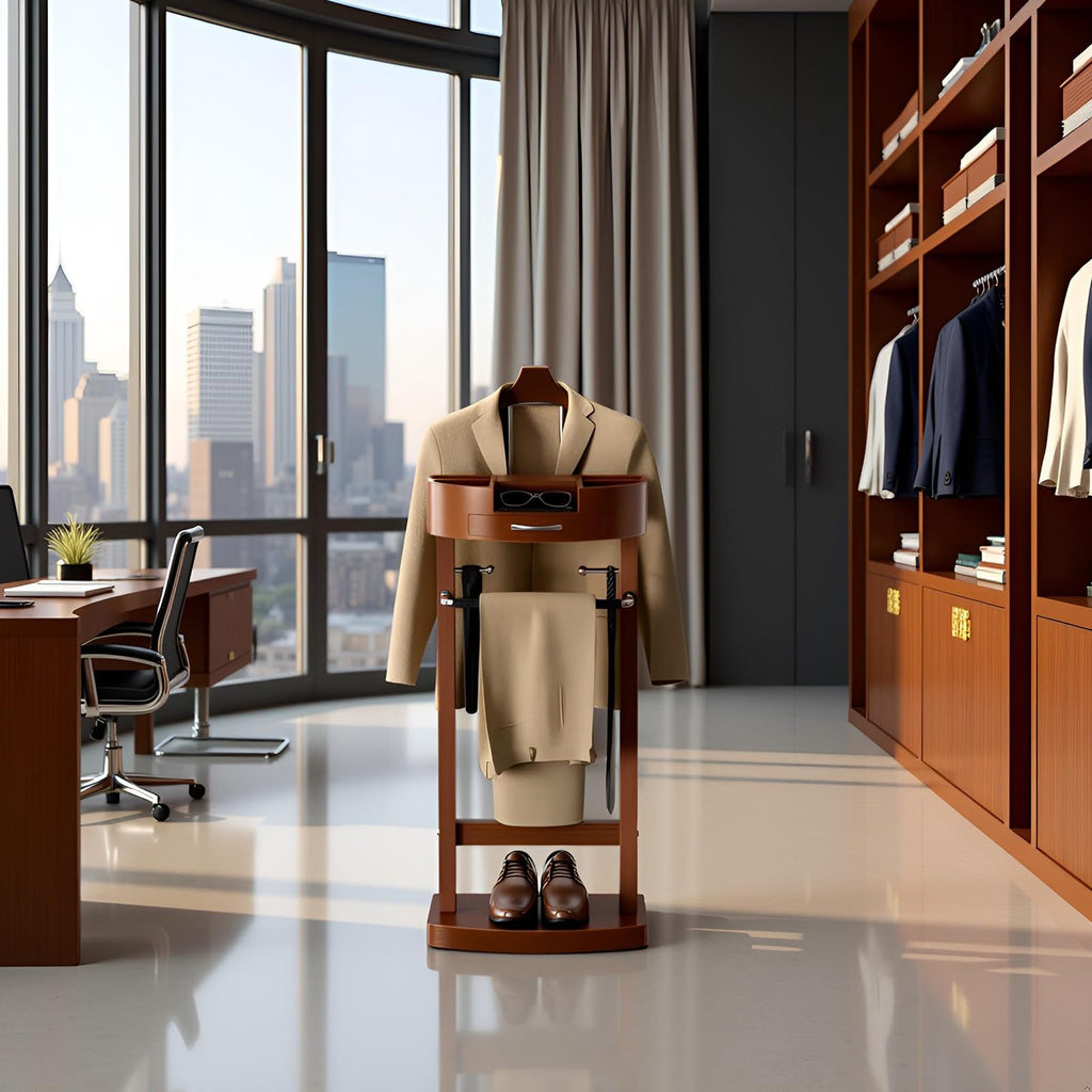 Wood Valet Stand with Tray, Clothes Valet Stand for Men, Suit Valet Stand with Sturdy Base, 17x13.4x41.96in
