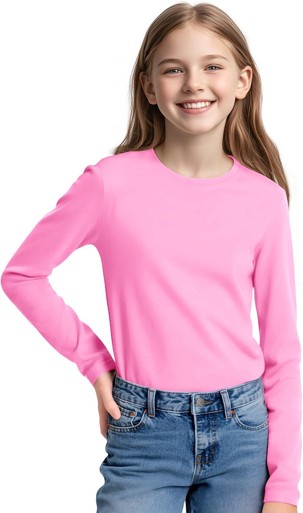 3 Pack Girls Long Sleeve Shirts Soft Cotton Crewneck Plain Kids Tops