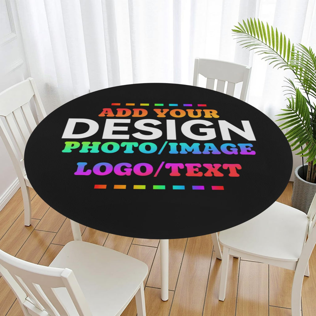 Custom Round Fitted Tablecloth with Elastic Edge, Design Your Photo, Text, Business Logo, Oil Proof Wipeable Table
