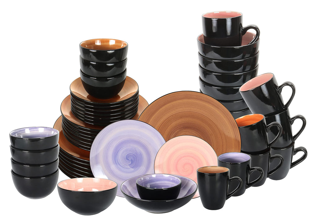 Stoneware Sonoma Dinnerware Set, Black + Speckled Spin Wash (56pc Set, Mix Cobalt, Mocha, Rose, Spice)