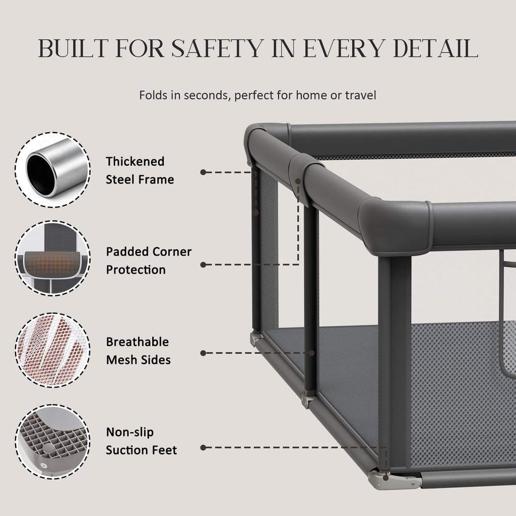 Foldable Playpen for Babies and Toddlers, 71"x79" Portable Play Yard with Mat, Kids Collapsible Play Pen with Sturdy