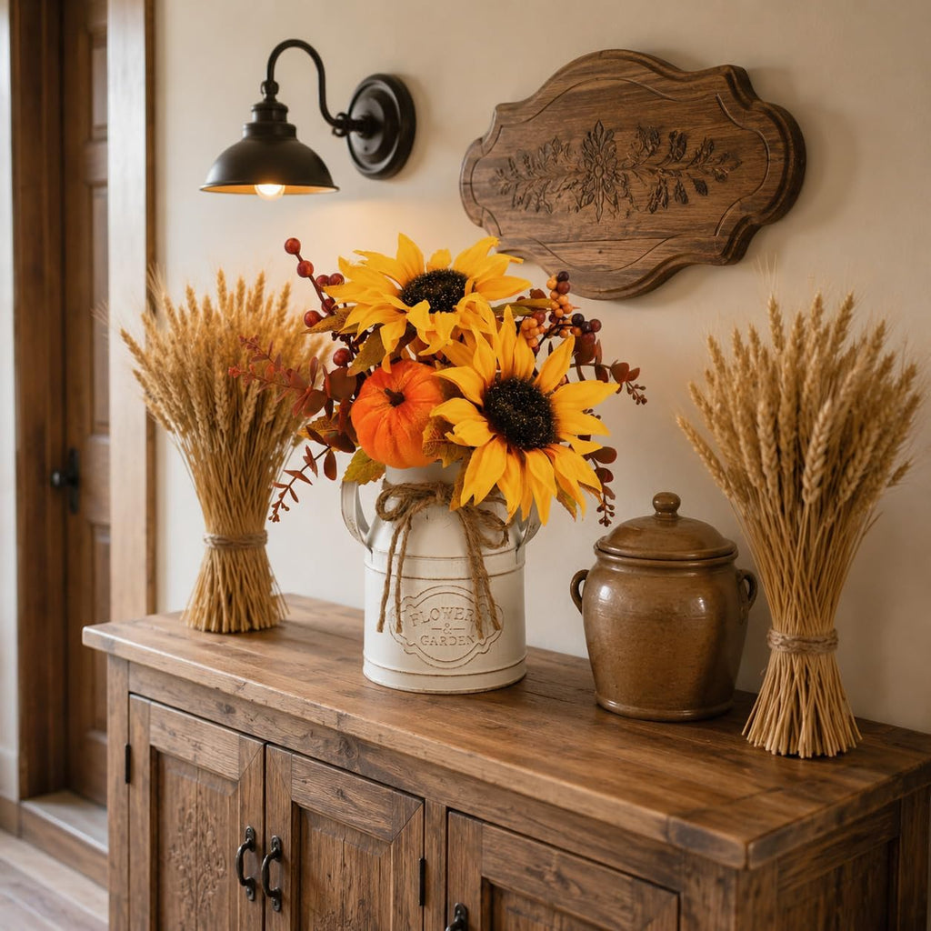 Fall Thanksgiving Centerpieces for Dinner Tables, Faux Floral Metal Potted Plants with Maple Leaf Pumpkin Berry Stems - Set of 2