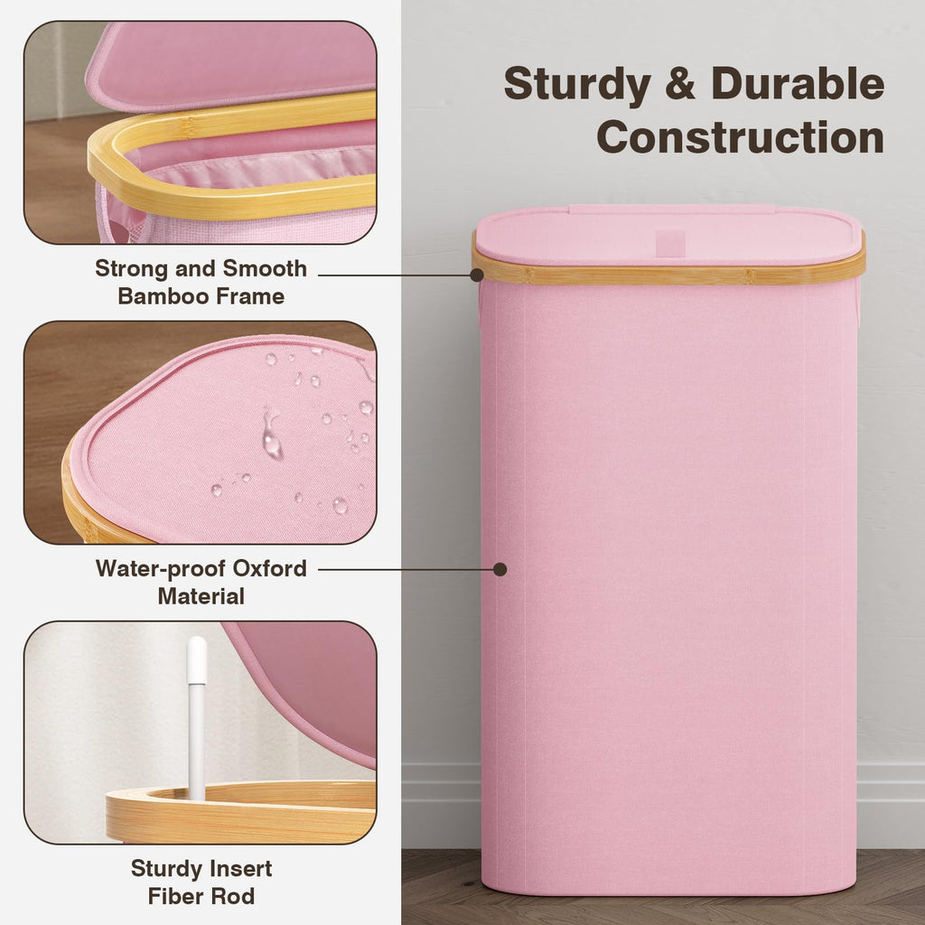 Slim Laundry Hamper with Lid, 75L Small Laundry Basket, Pink
