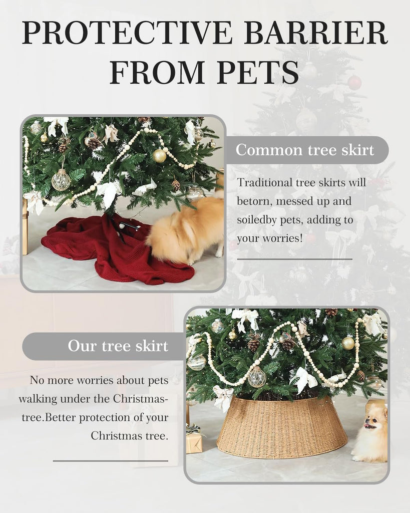 Rustic Farmhouse Christmas Tree Collar - Holiday Decorations - Natural Woven Wicker Tree Base Cover, Basket Ring for