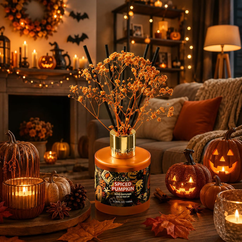 Halloween Reed Diffuser Set, 3.38 fl oz (100 ml) - Spiced Pumpkin Oil Diffusers with 8 Reed Sticks, Home Fragrance