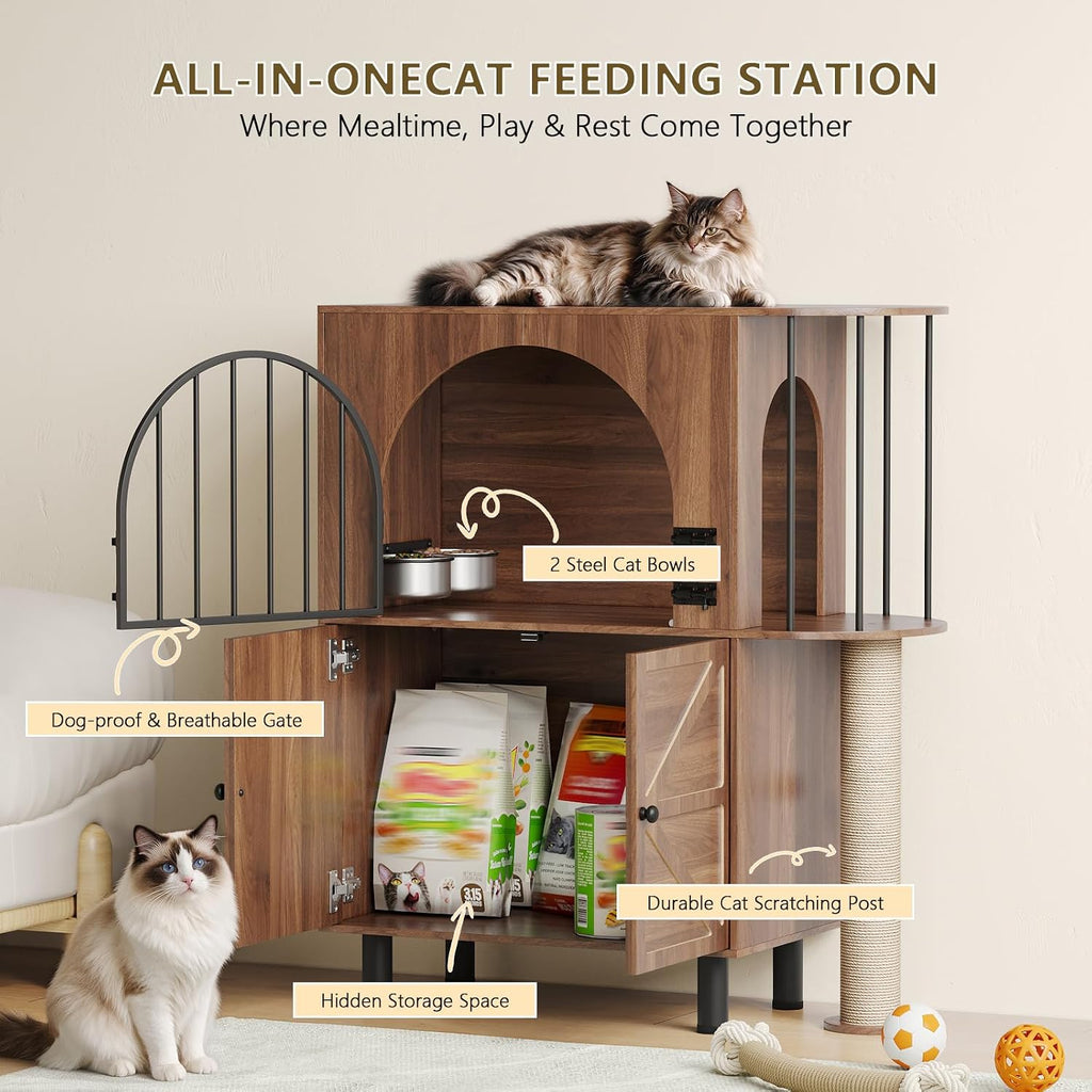 Dog Proof Cat Feeding Station with Scratching Post, Elevated Bowls (Walnut)