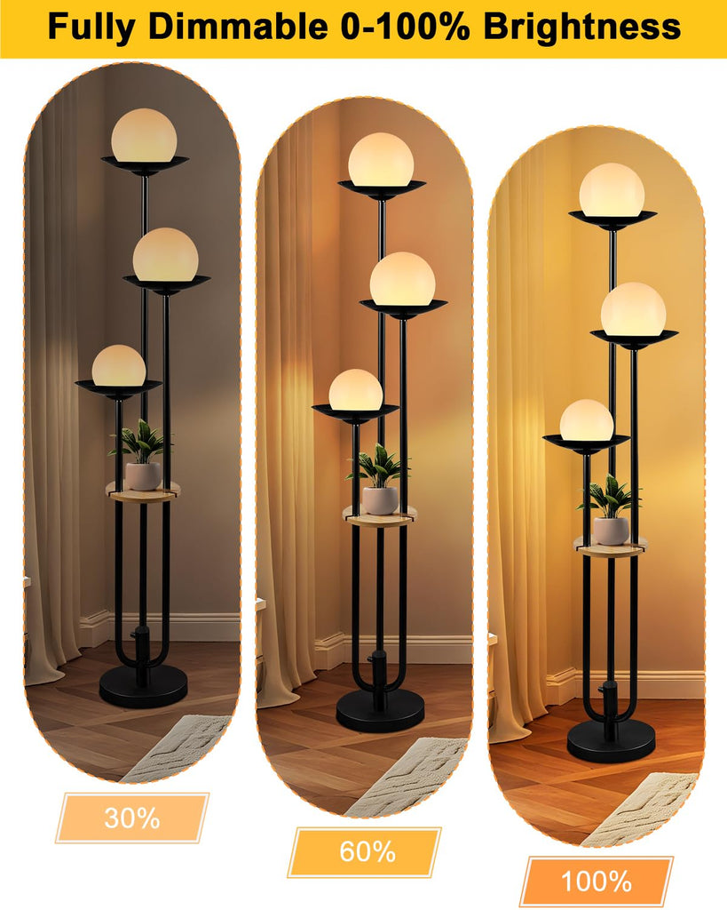Globe Floor Lamp with Shelf 3-Lights Modern Dimmable Floor Lamps 3000K Warm White Bulbs Included Black Tall Standing