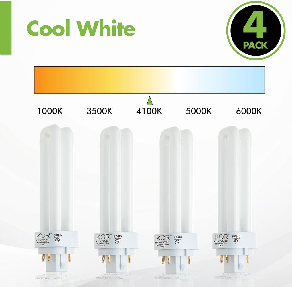 13W Double Tube CFL Light Bulbs, G24Q-1 4-Pin, 4100K Cool White, 4 Pack