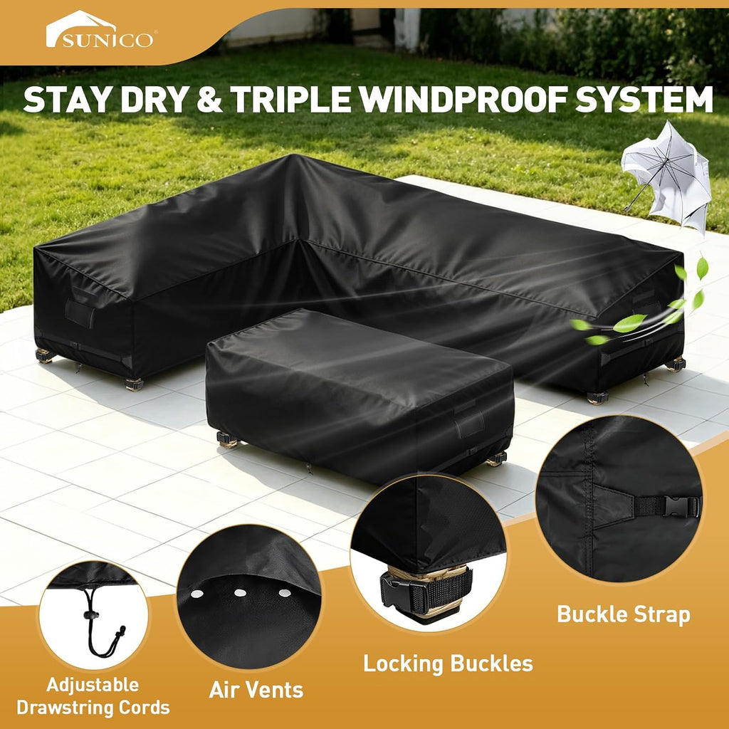 Outdoor Sectional Patio Furniture Covers, L-Shaped, 85x110in, Black | 2PCS waterproof cover for sofa and table, UV
