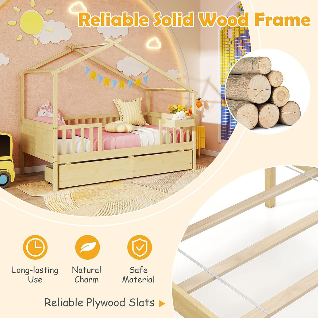Tw Bed with Drawers, Wooden Bed Frame with Cube Storage & Fence Rails, Montessori Beds for Kids Boys, Girls