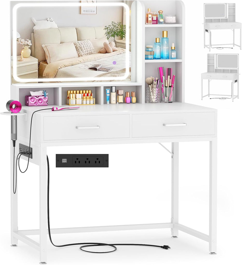 Small Vanity Desk, Vanity Desk with Mirror and Lights, Makeup Vanity Desks with Power Strip, Vanity Table with