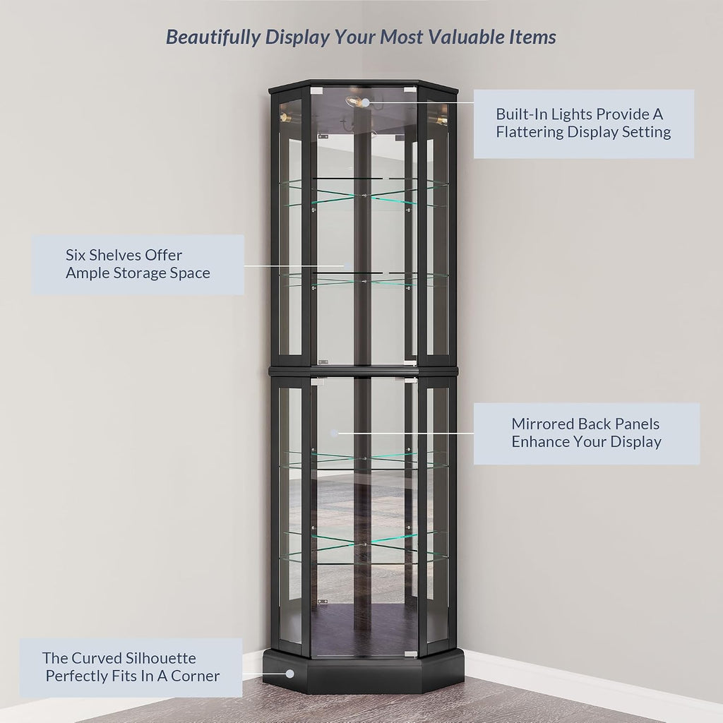 Lighted 3-Side Glass Display Curio Cabinet with Tempered Glass Doors and Shelves, Curved Wood Corner Cabinet with