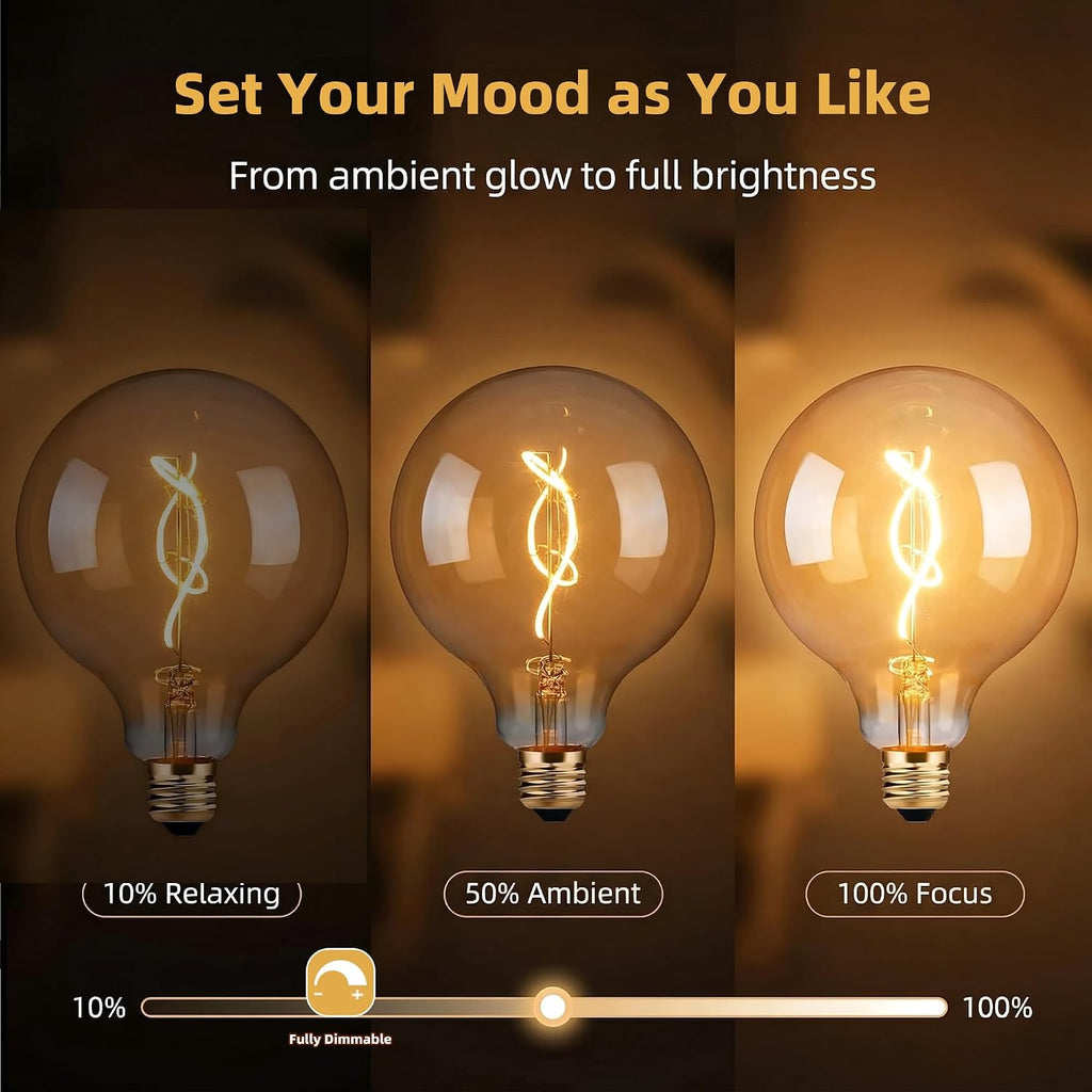 Oversized LED Edison Bulb, Amber 4W 2200K Dimmable E26 Globe 2PK