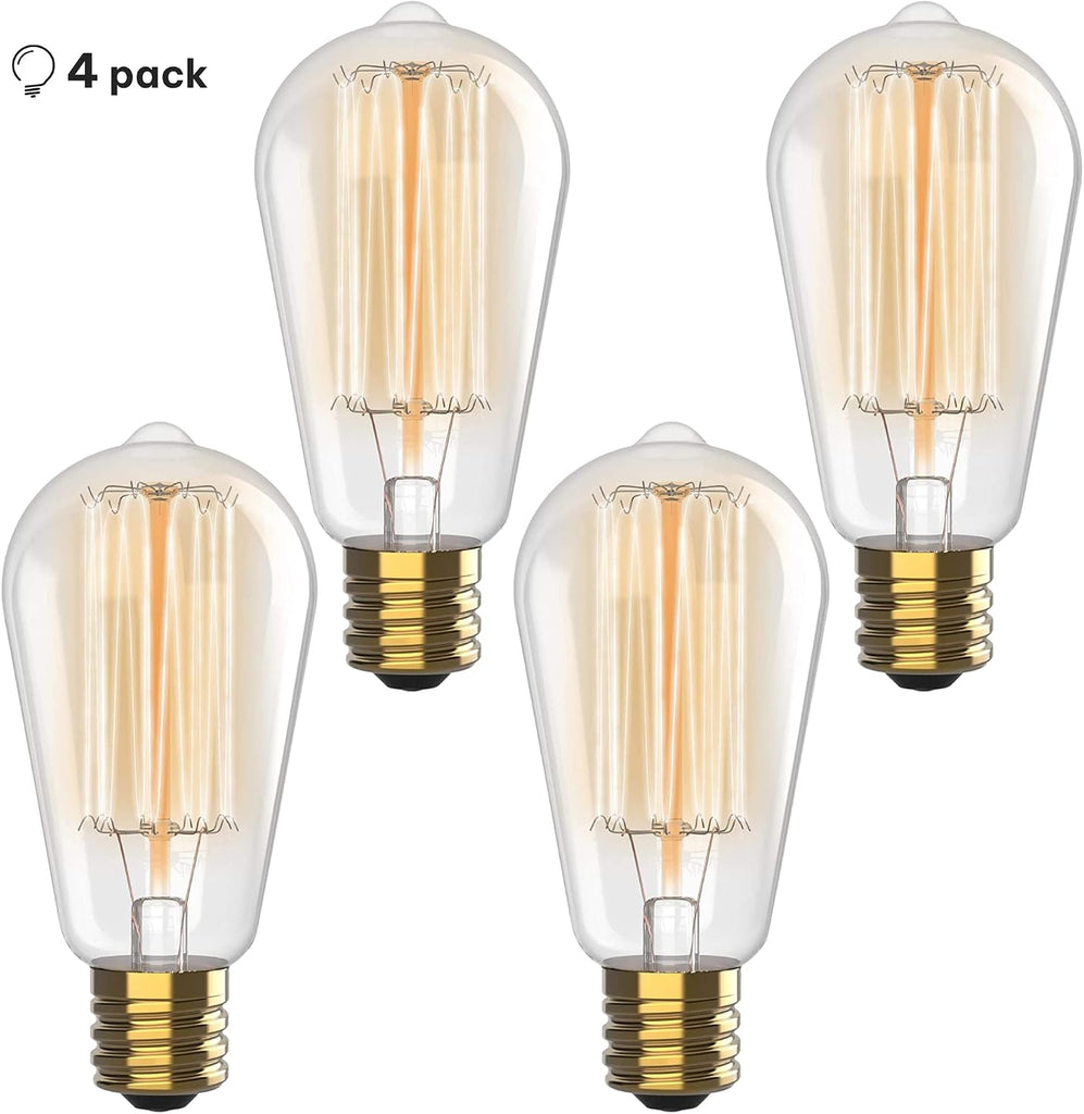 Vintage Incandescent Edison Light Bulbs 60W (4 Pack)- E26/E27 Base 2100K Dimmable Decorative Lightbulbs for Outdoor