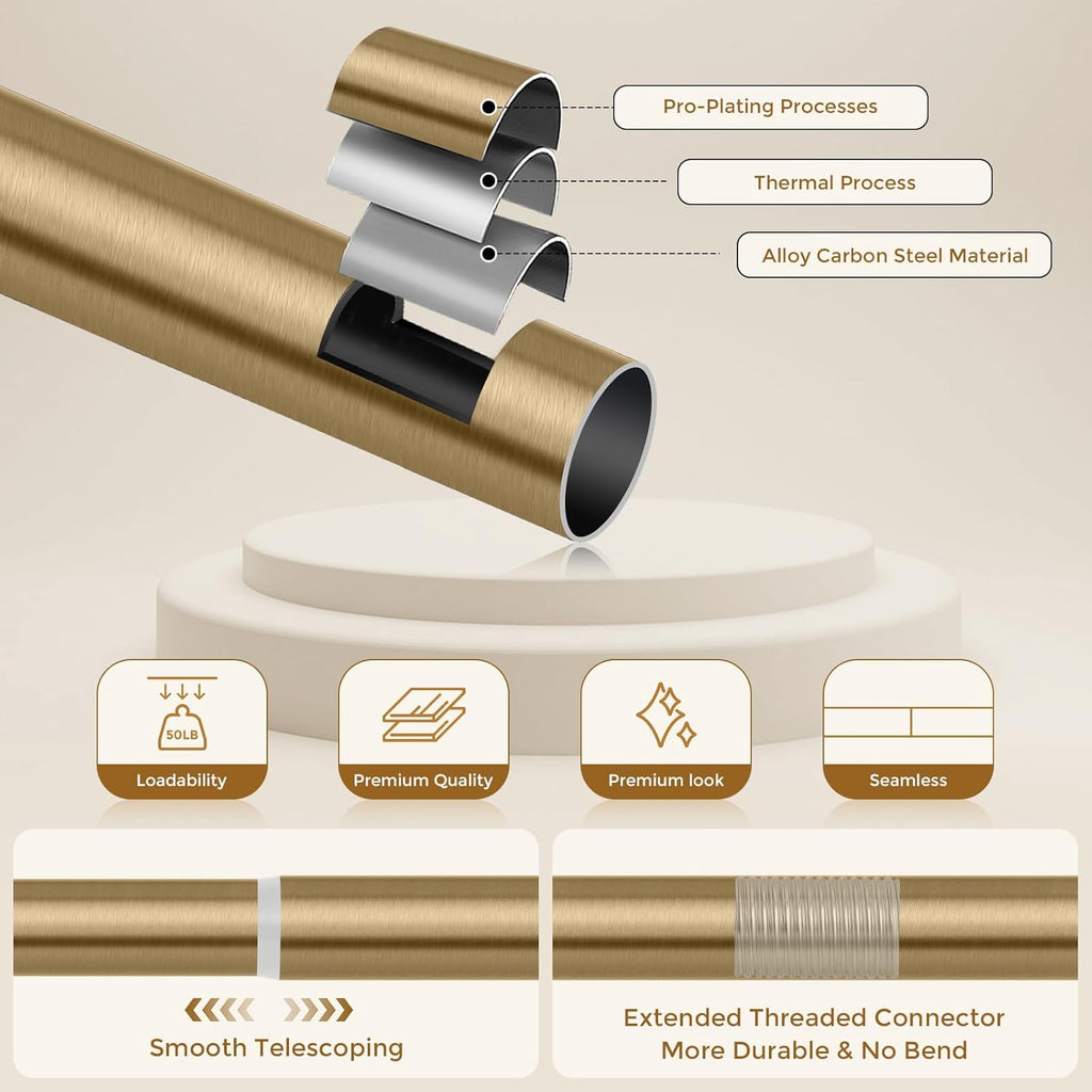 Brass Gold Curtain Rod 34-124 Inch, Brushed Warm Gold 1" Adjustable Long Heavy Duty Curtain Rods for Windows