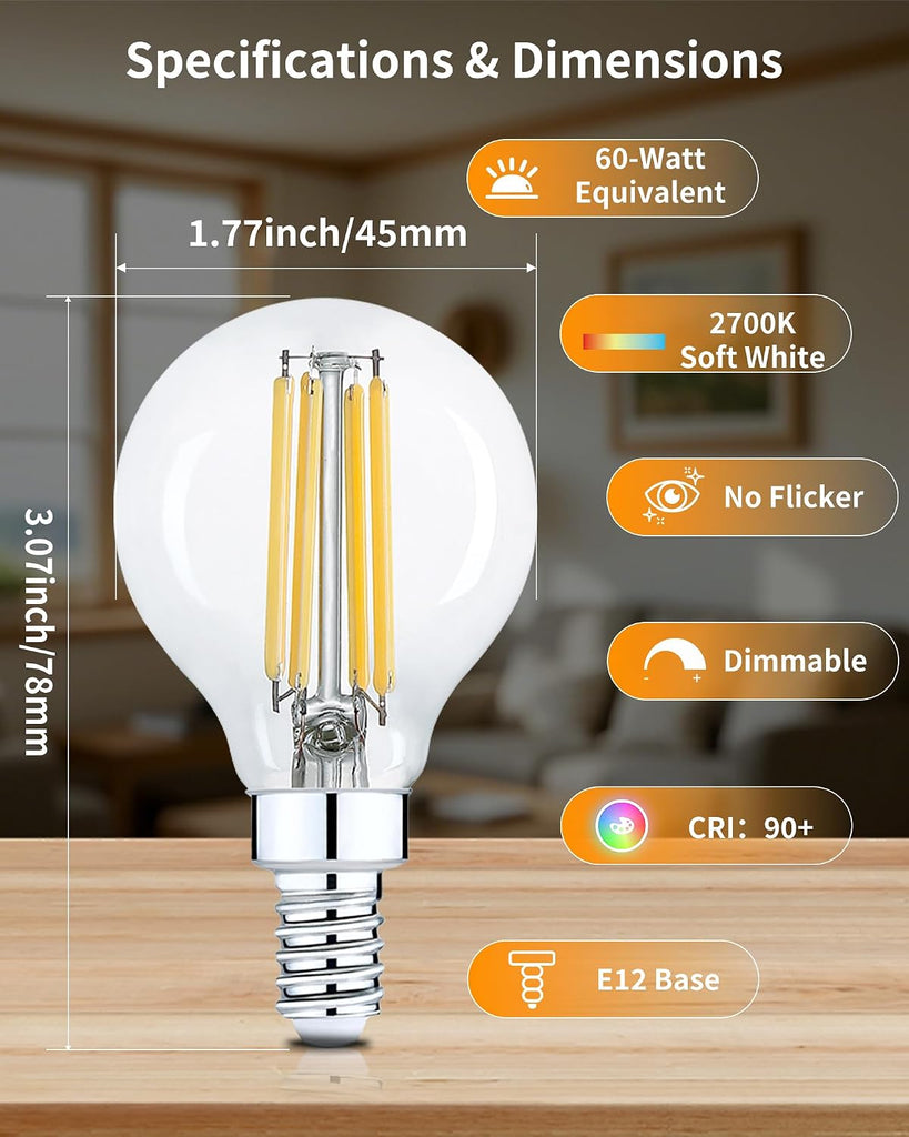 Round E12 Candelabra Bulbs G16.5 60W Equivalent, Dimmable LED Chandelier Light Bulb Soft White 2700K, Globe Lightbulb