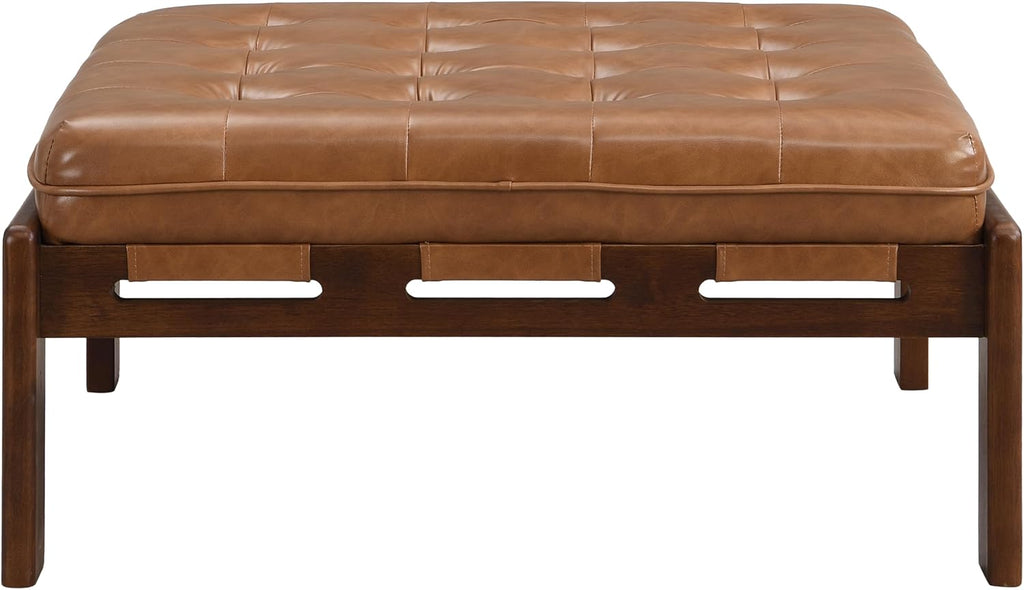 Yorick Modern Square Faux Leather Upholstered Living Room Cocktail Ottoman/Coffee Table, Rubberwood Frame, Tufted