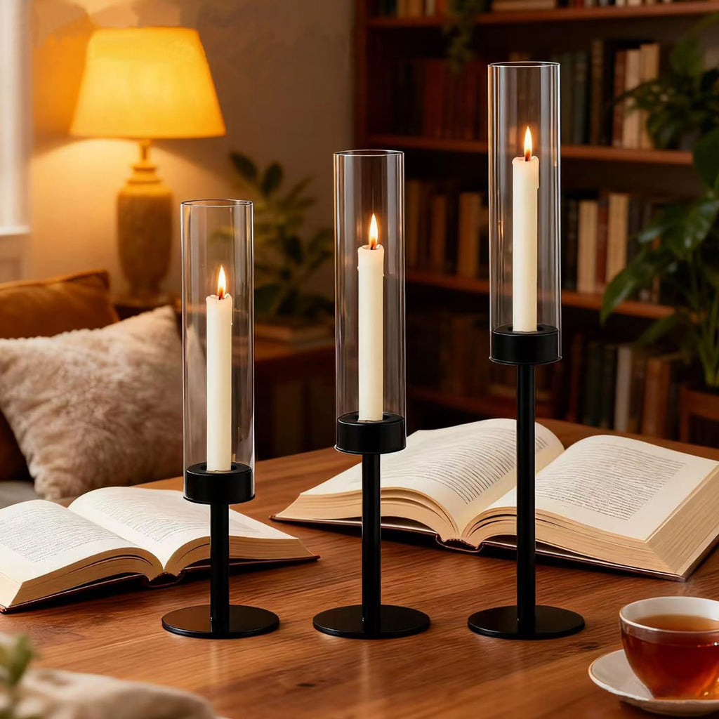 Black Taper Candle Holder Set with Glass Hurricane - Modern Candlestick Holders, Premium Gift Set for Wedding, Fall