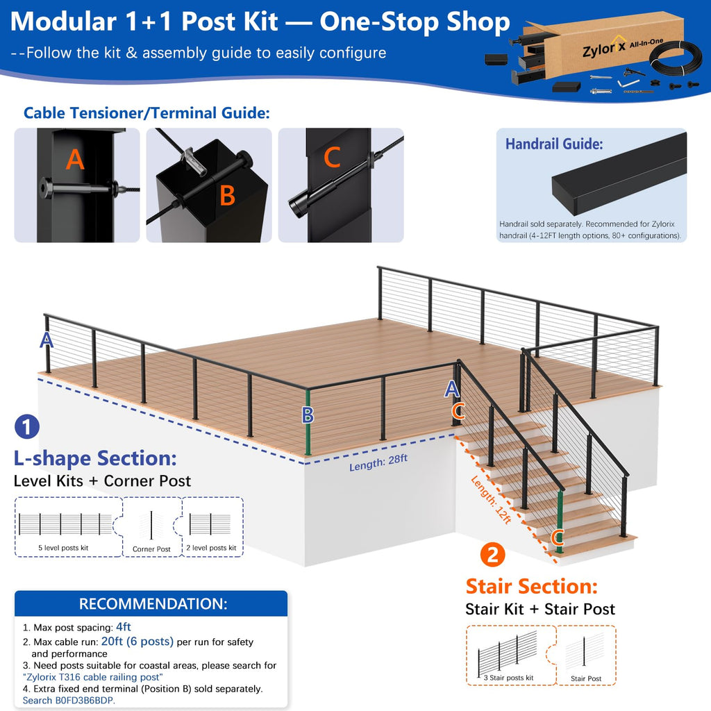 42" Modular Cable Railing Stair Post for Deck Porch, Surface Mount