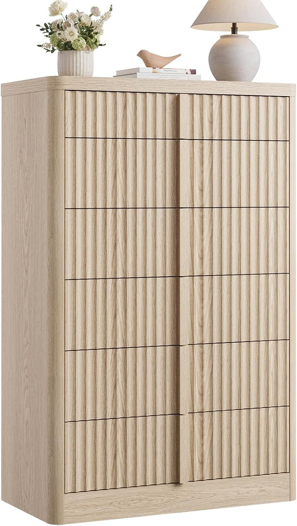 Fluted Dresser , 48" Tall 6 Drawer Dressers, Modern Chest of Drawers with Solid Wood Handle, Curved Profile Design