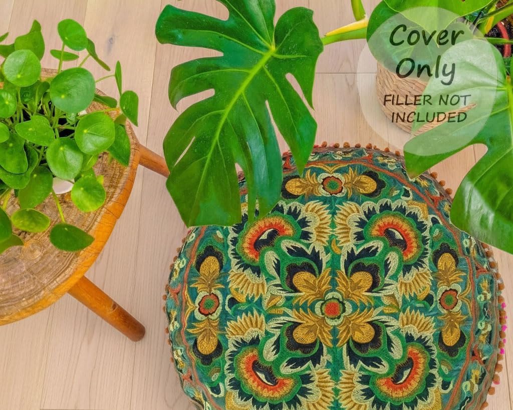 Green Round Velvet Pouf Cover - Soft Embroidered Ottoman Slipcover with Moroccan Design, 24 Inch Diameter, Ideal , or