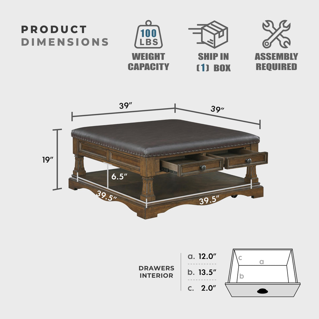 39" Square Storage Ottoman Coffee Table, Faux Leather, Brown