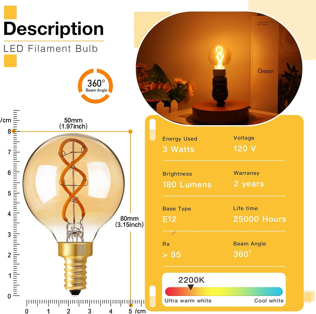 E12 Amber Light Bulbs 25 watt,G16.5 LED Candelabra Bulb