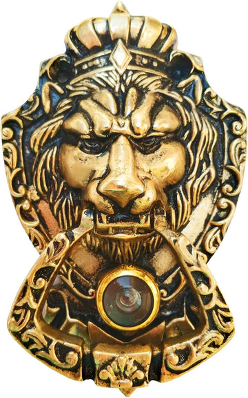 Crowned Lion Door Knocker with Spy Hole,Viewer,Peephole, Solid Brass 6.3 inches(Antique Brass)