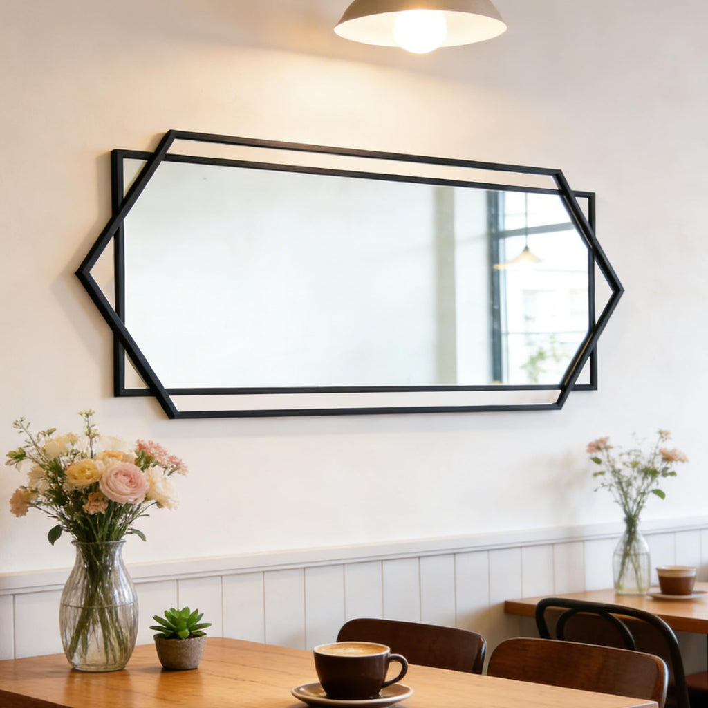 28"x 55" Black Decorative Mirror with Hexagon Metal Pipe Frame