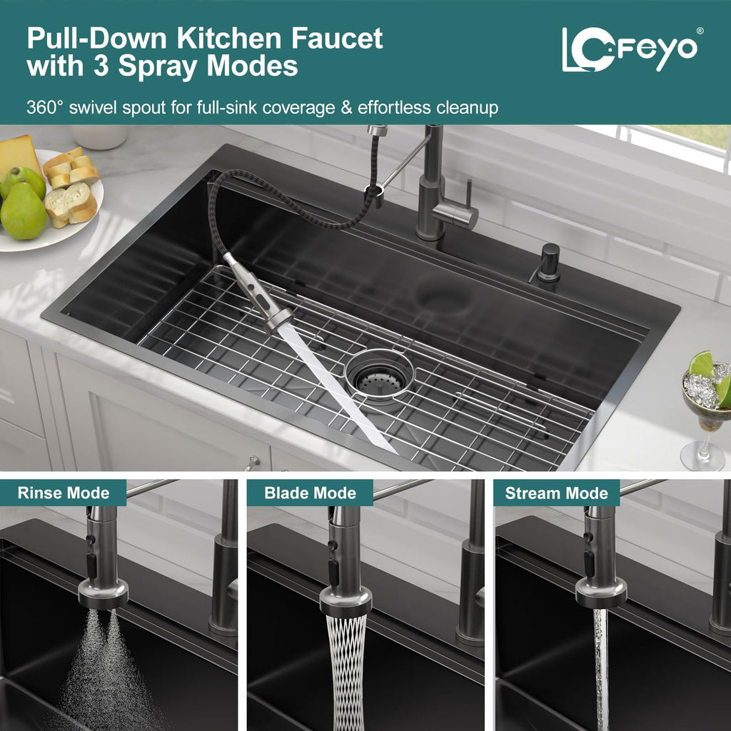36 Inch All-In One Black Kitchen Sink with Pull-Out Faucet Workstation Drop In Large Single Bowl 304 Stainless Steel