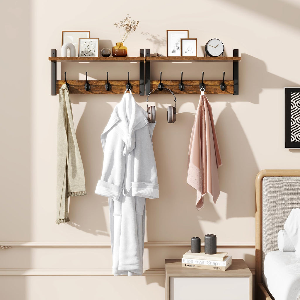 Coat Rack Wall Mount with Shelf and Hooks, Rustic Brown
