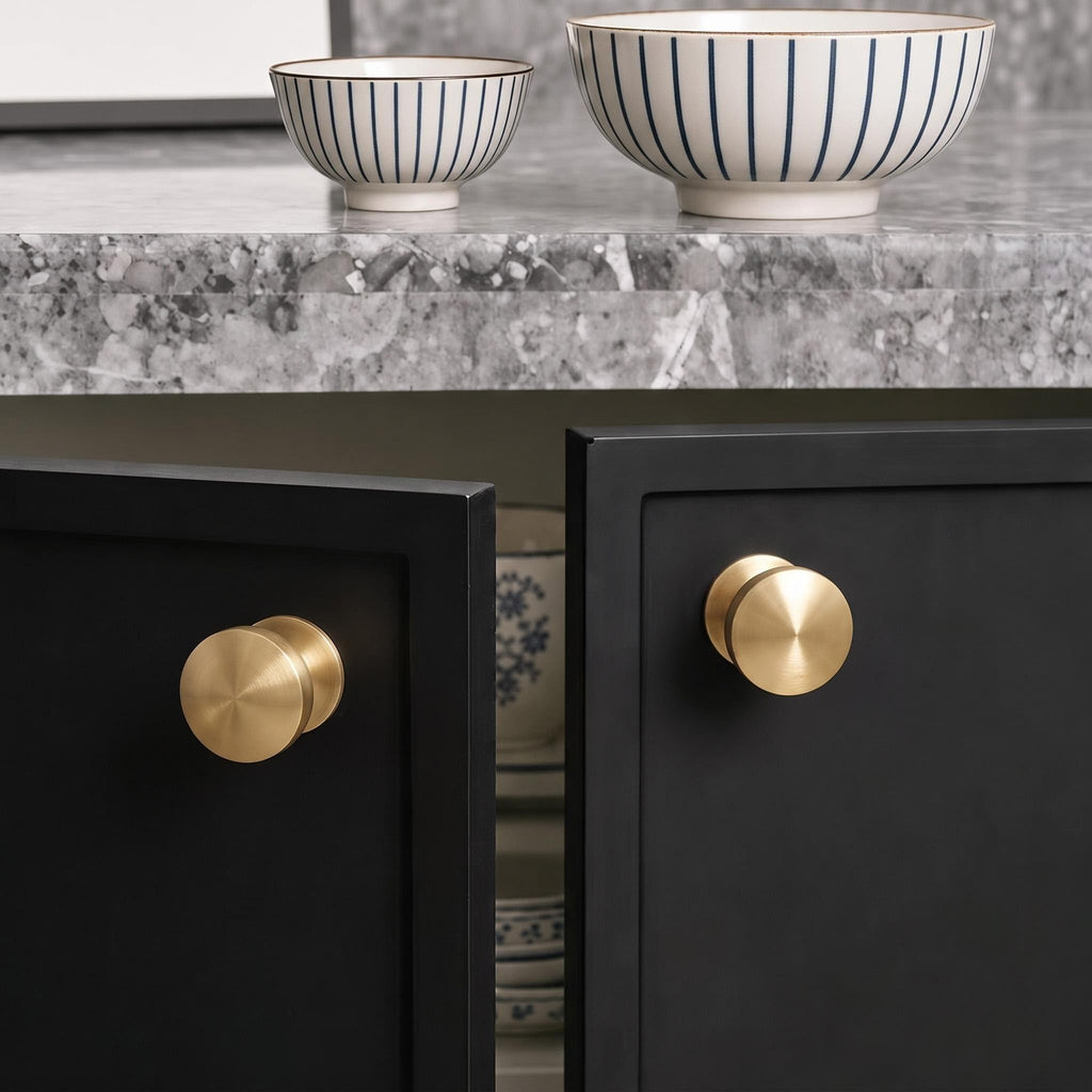 Solid Brass Cabinet Knobs with Wide Base, 1-1/8 Inch Brushed Gold Drawer Knobs, 4 Pack Round Dresser Knobs Cabinets