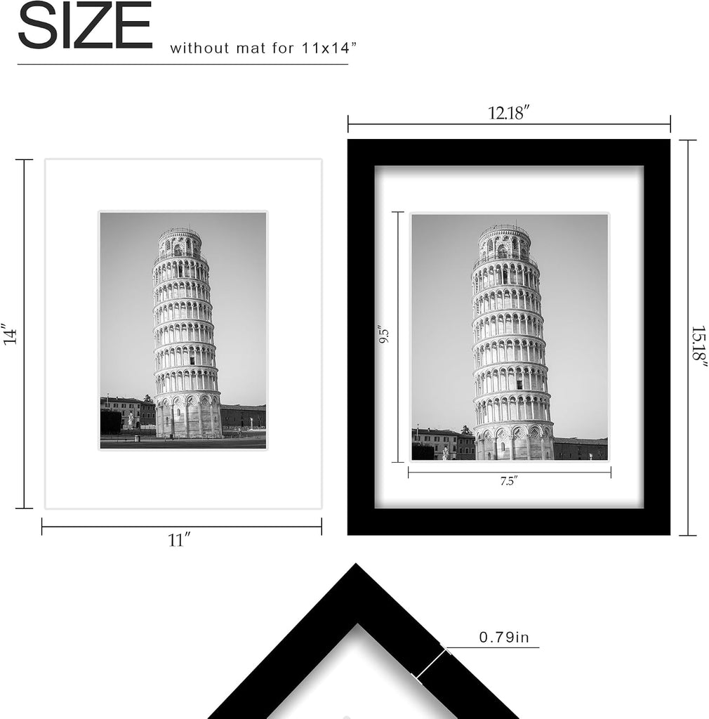 11x14 Picture Frame Set of 9, for Wall or Tabletop Display, Black | Display Pictures 8x10 with Mat or 11x14 without