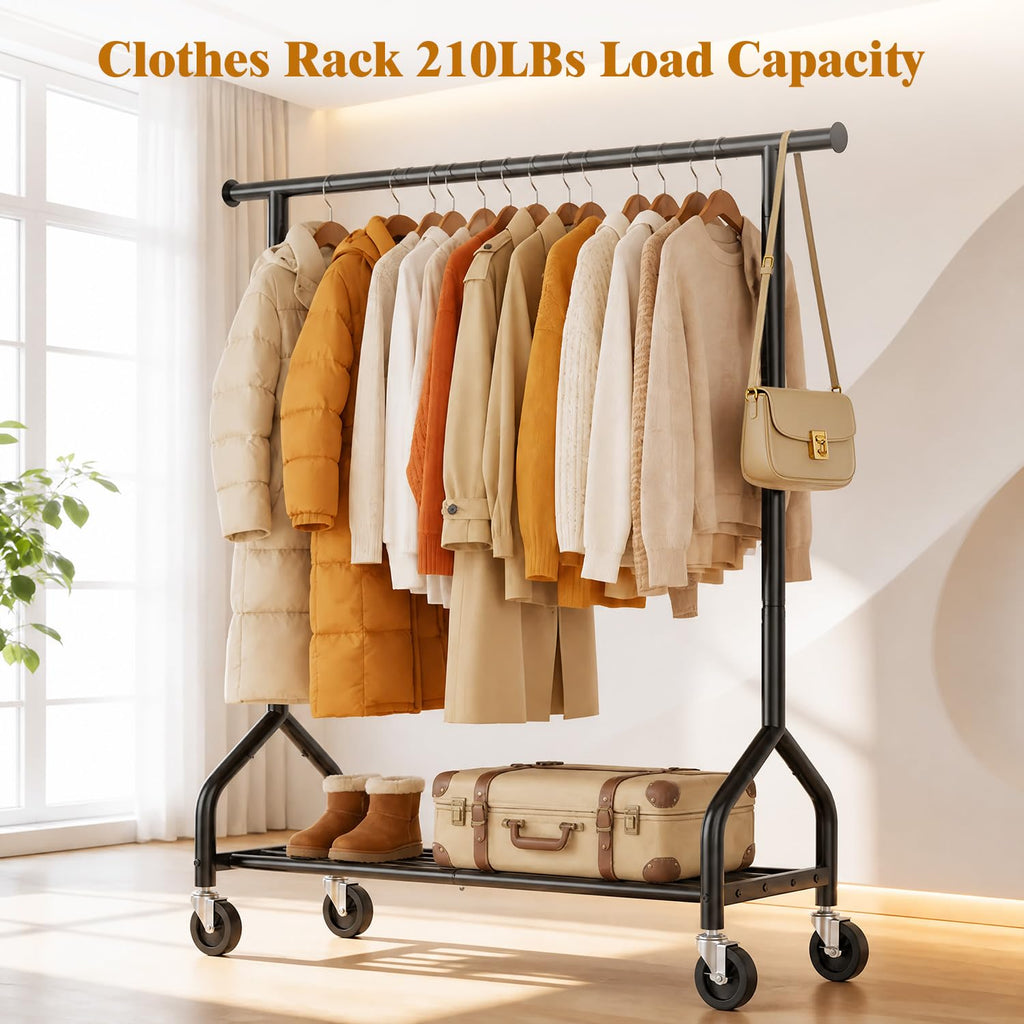 Rolling Clothes Rack with Shelf, Garment Rack Load 210Lbs, Black