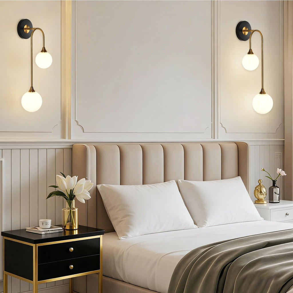 Mid Century Modern Wall Sconce Set of 2 Black and Gold Milk Glass Sconces with Double Ball Hardwired Wall Light