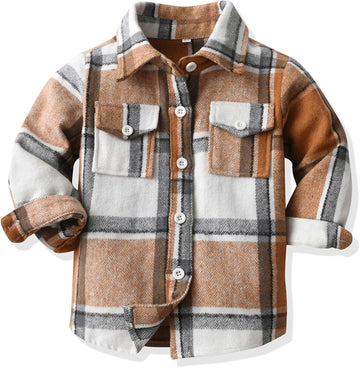 Toddler Boy Flannel Plaid Shirt Kids Long Sleeve Button Down Jacket Lapel Pocket Top Regular Fit Casual Fall Clothes