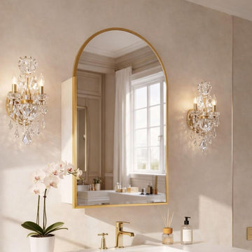 Gold Arched Medicine Cabinet with Mirror, 20x32 Wall Mount Medicine Cabinet with Adjustable Glass Shelves, Surface