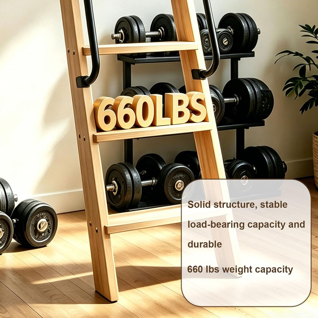 10.8FT Solid Wood Rolling Library Ladder, Industrial Style Loft Ladder with Double Handrails, 10 Steps Attic Ladder