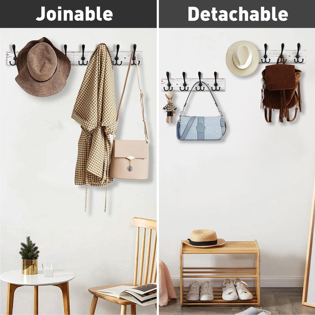 32.2'' Large Coat Rack Wall Mount Coat Hooks with 8 Metal Black Triple-Hooks Old White Pine Real Wood Plank Hat Rack