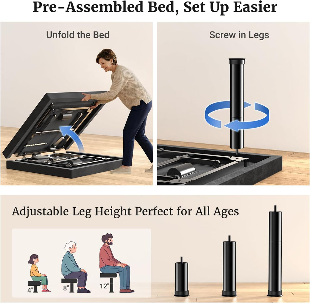 T600 Adjustable Bed Base with Massage & Remote, Ergonomic Adjustable Bed Frame Full Size with Head & Foot Incline
