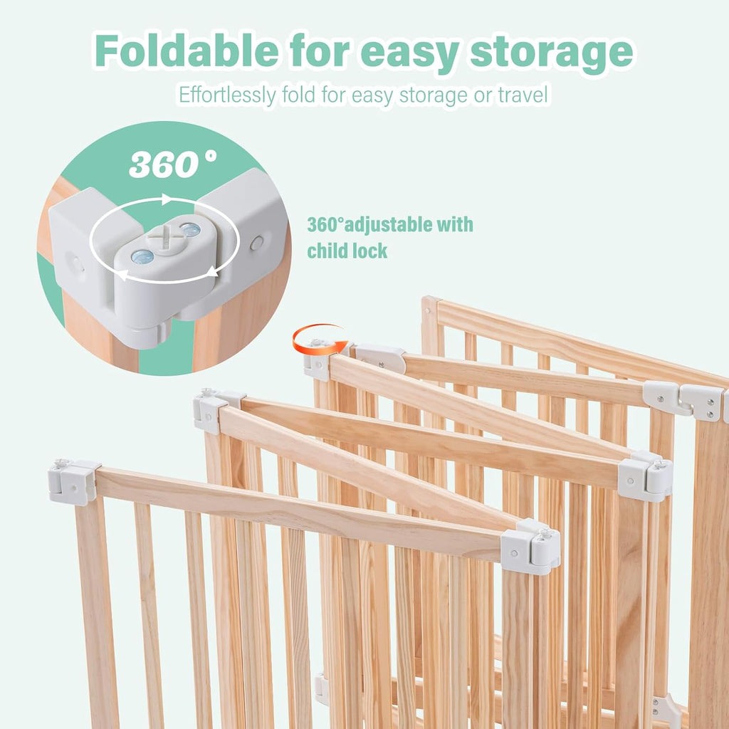Foldable Wooden Playpen-51x51x25in-Large Baby Gate Playpen with Child-Proof Lock-Easy Assembly, Portable Design for