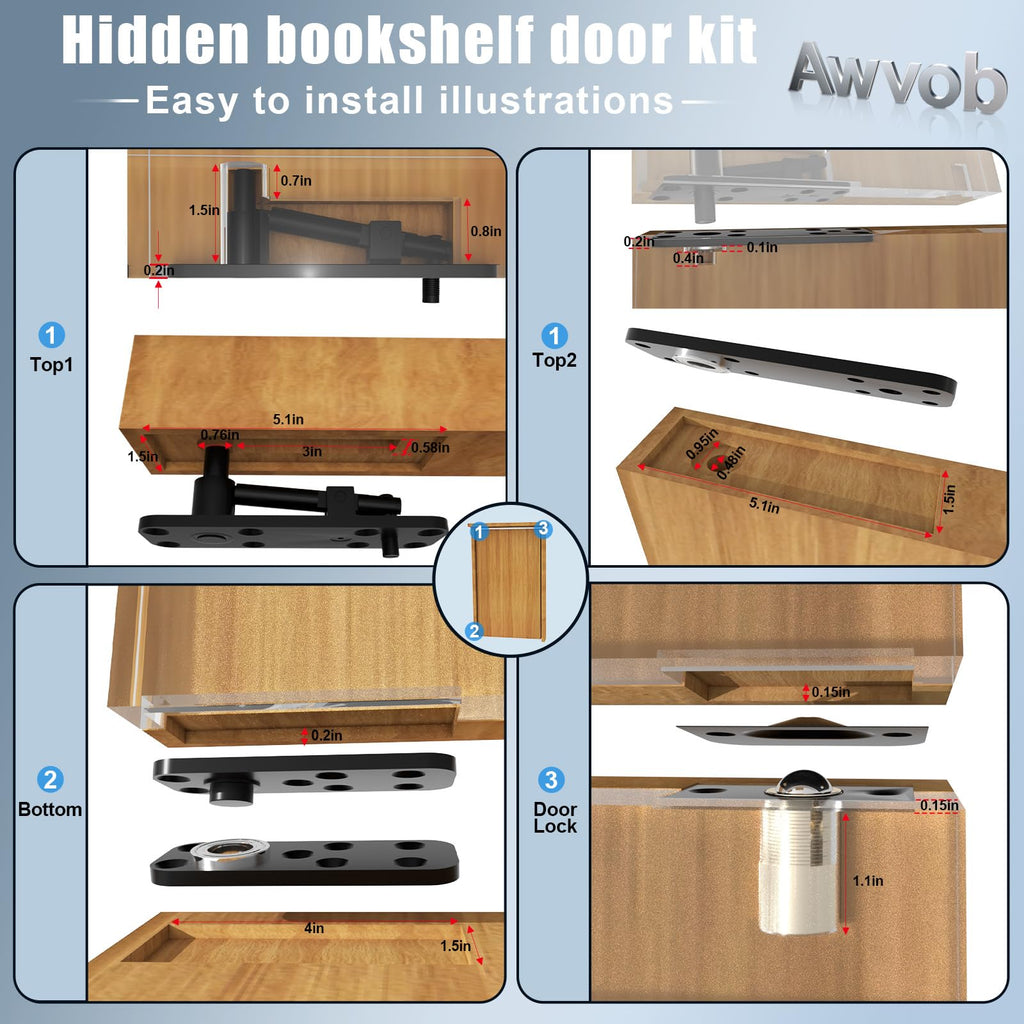 Hidden Door Hinge with Dual Bearing, Rotating Silent Design - Invisible Door Hinge Kit for Heavy Duty Secret &
